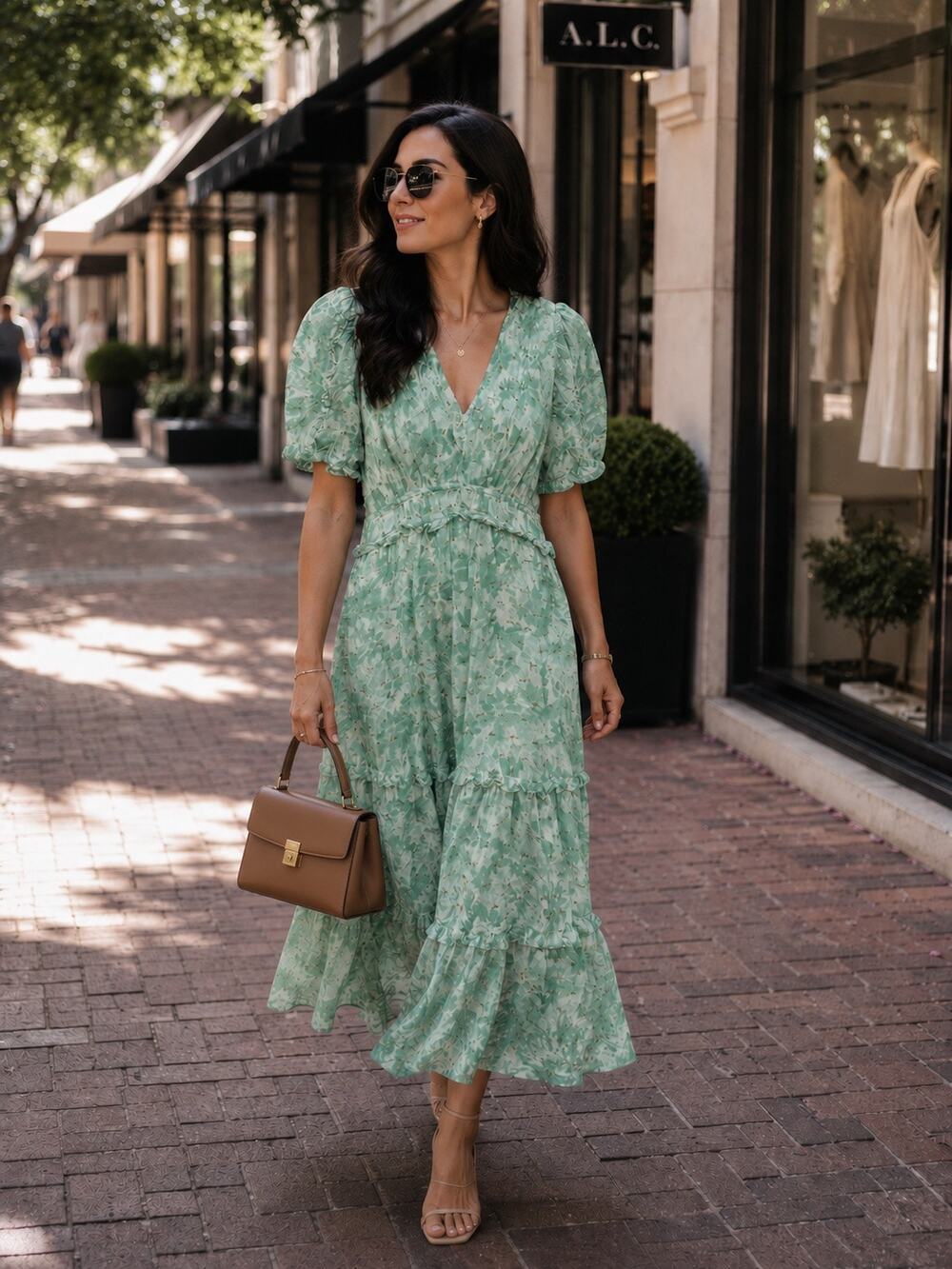 SHOSHANNA Mint Green Gold Flecked V-Neck Short Sleeve Ruffle Selene Dress size 6